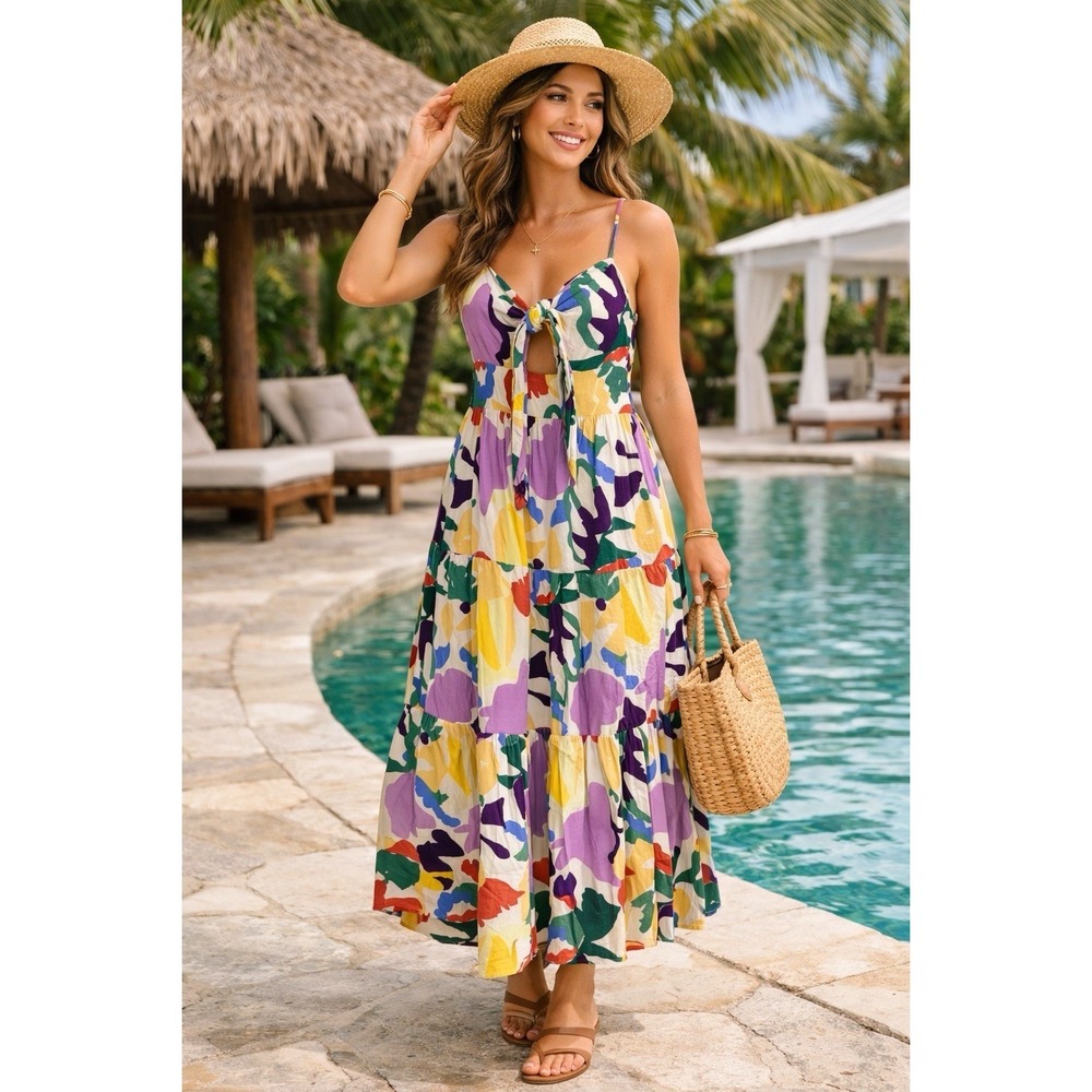 AZURA‎ DRESS S MAXI MIDI TIE FRONT ABSTRACT PRINT TIERED BOHO RESORT ELASTIC ZIP